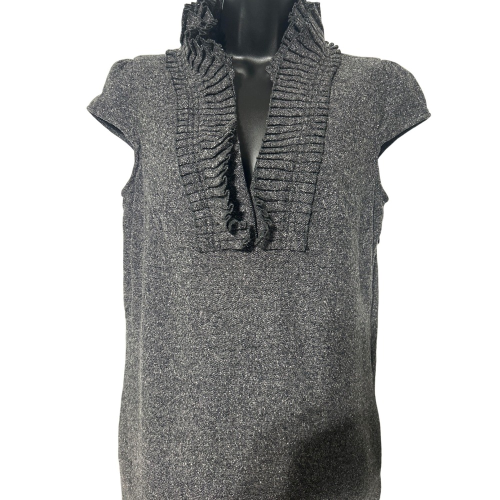 Ann Taylor LOFT Gray Wool Blend Dress Short‎ Sleeve Ruffle Neck Pockets Size 4